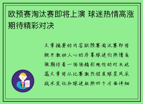 欧预赛淘汰赛即将上演 球迷热情高涨期待精彩对决
