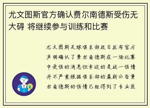 尤文图斯官方确认费尔南德斯受伤无大碍 将继续参与训练和比赛
